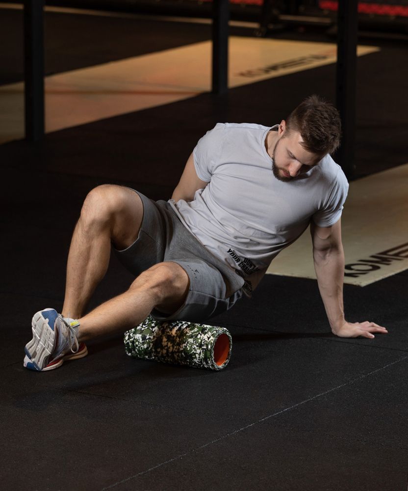 Фотографии Ролик массажный FA-508, EVA/PP, низкая жесткость, 33x14 cм, зеленый камуфляж/оранжевый