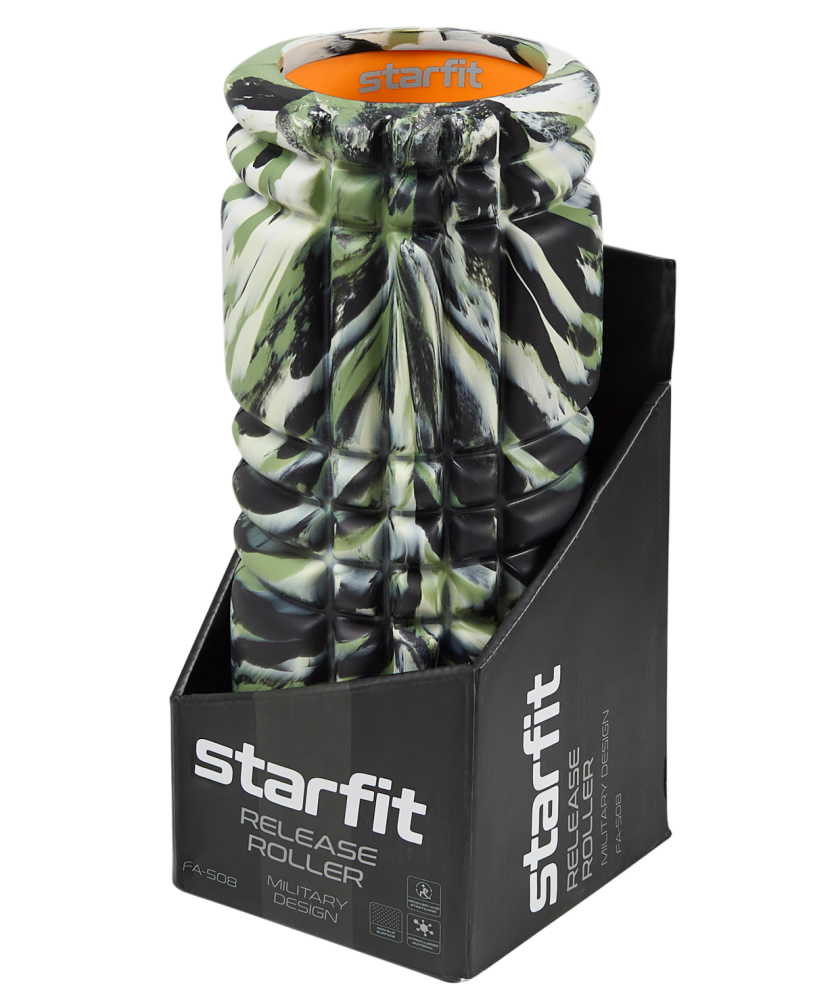 Фотографии Ролик массажный FA-508, EVA/PP, низкая жесткость, 33x14 cм, зеленый камуфляж/оранжевый