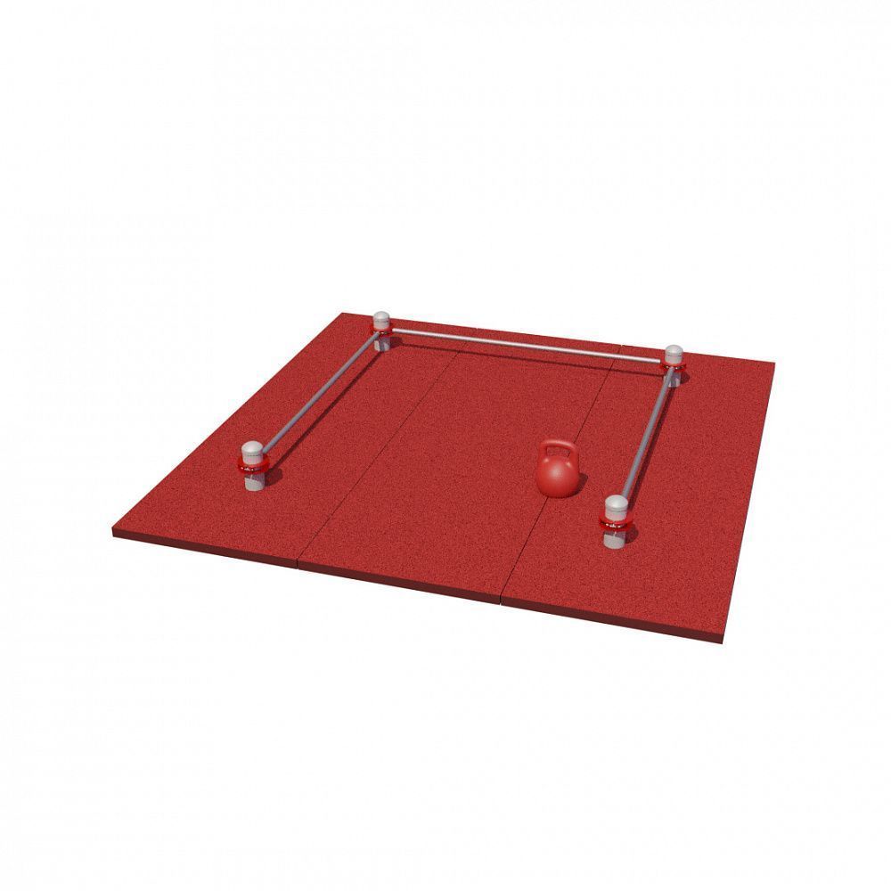 Фотографии Комплекс для выполнения испытания "Рывок гири 16 кг" с организованной зоной безопасности 2x2 м и стойкой с четырьмя гирями (2шт - 16кг, 2шт - 8кг)