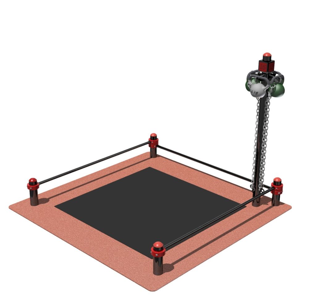 Фото Комплекс для выполнения испытания "Рывок гири 16 кг" с организованной зоной безопасности 2x2 м и стойкой с четырьмя гирями (2шт - 16кг, 2шт - 8кг)